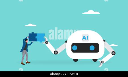 AI robot with businessman illustration with the concept of AI robots and humans solving puzzles suitable for describe AI with future of the work Stock Vector