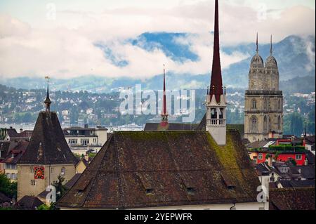 Church clock towers in Zurich skyline, cloudy morning,Switzerland Stock Photo