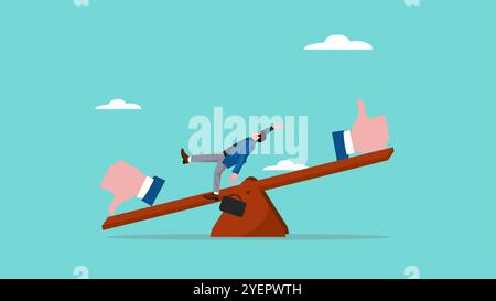 evaluation illustration with the concept of a businessman who falls off a seesaw because his thumb down is heavier than his thumb up, poor performance Stock Vector