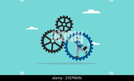 team organization illustration with the concept of businessman working to rotate connected cog wheels gear, driving force in business concept Stock Vector