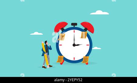 time management illustration with the concept of a businessman attaching a paper planner to a clock, business planning concept, control business plani Stock Vector