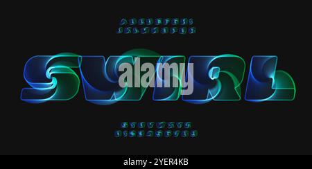Swirling hypnotic alphabet, holographic letters with neon glow effect, 3D vortex font for futuristic sci-fi title, digital art, unique logo, creative Stock Vector