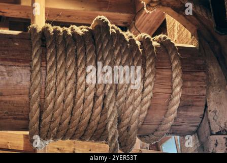 Close up on rope winch of the sawmill Het Jonge Schaap on the Zaanse Schans in Zaandam, the Netherlands. Stock Photo