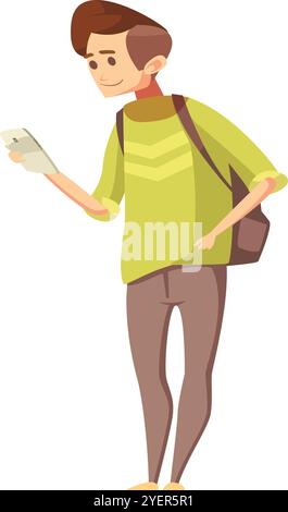 Cheerful Young Man with Backpack in Flat Vector Design Stock Vector