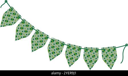 Clover patterned Pointed pennants garland on rope in trendy monochrome green. St Patrick Day element. Isolated Vector illustration Greeting card, poster, leaflet, banner, price tag, label or web promo Stock Vector