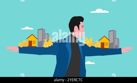 investment management illustration with the concept of an investor bringing all his assets, growth investment finance, property investment concept Stock Vector
