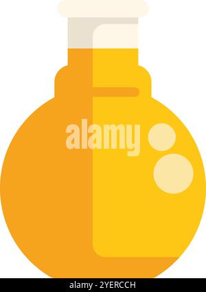 Round bottom flask containing bubbling yellow liquid, isolated on white background, in flat design Stock Vector