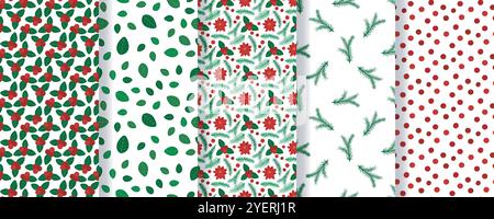 Botanical Christmas patterns set. Backgrounds with berries, leaves, fir branches and flowers. Festive traditional winter ornament. Collection of natur Stock Vector