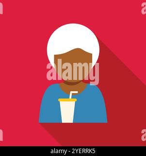 Woman with white hair holding a disposable cup with straw and drinking a beverage, simple flat design icon Stock Vector