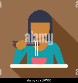 Woman enjoying a bowl of noodles using chopsticks, representing asian culinary traditions Stock Vector