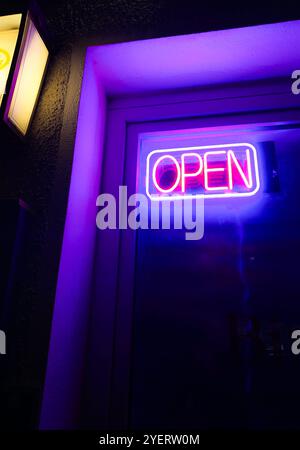 Neon Sign inscription open Stock Photo
