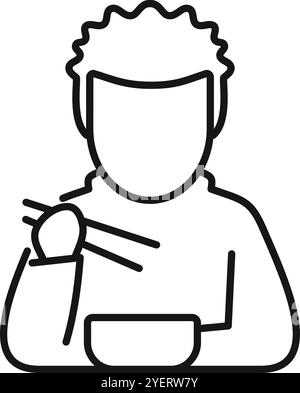 Line drawing of person using chopsticks, enjoying a bowl of noodles, representing asian cuisine and dining traditions Stock Vector
