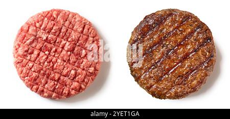 raw and grilled burger meat patties isolated on white background, top view Stock Photo