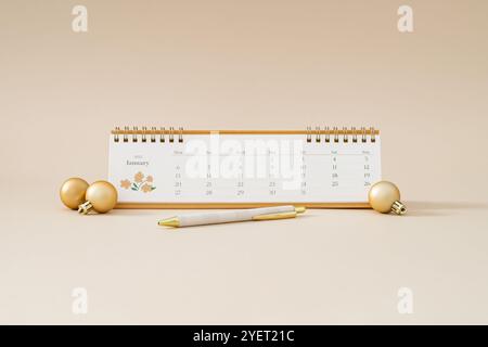 Trendy layout with desk calendar, pen and golden Christmas baubles on pastel cream background. Minimal new beginnings concept. Stock Photo