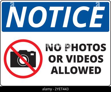 No photos or videos allowed notice banner with a banned camera symbol Stock Vector