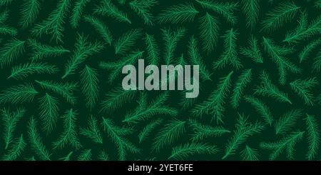 Seamless pattern with hand-drawn branches of spruce, pine, fir. Repeating botanical forest dark background. Nature Christmas print with needle twigs, Stock Vector