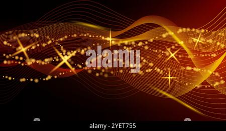 This image showcases flowing golden waves with sparkling lights on a dark background, representing an abstract concept. Vector illustration Stock Vector