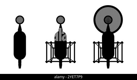 Music recording studio condenser microphone silhouette icon set. Podcast and singer voice recording mic symbol silhouette collection. Isolated eps illustration Stock Vector