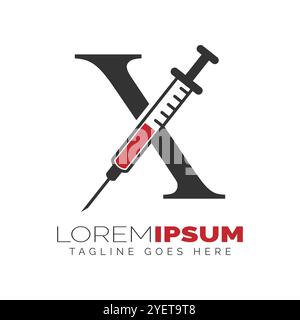 Letter X Injection Logo Design. Alphabet X Syringe icon illustration Stock Vector