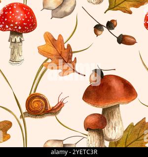 Autumn snail, mushrooms, acorns, leaves print. Fall watercolor seamless pattern with white background for seasonal events, wallpaper, fabric, backgrou Stock Photo
