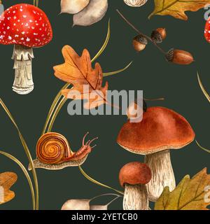 Autumn snail, mushrooms, acorns, leaves print. Fall watercolor seamless pattern with dark background for season events, wallpaper, fabric, background. Stock Photo