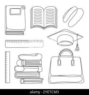 Hand drawn doodle set of school teen elements. Back to school. Writing supplies, copybook, notebook, sticky notes, backpack back to school. Stock Vector