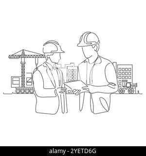 Construction Worker Illustration One single line drawing of young construction manager do short brief to builder coordinator. Building architecture bu Stock Vector