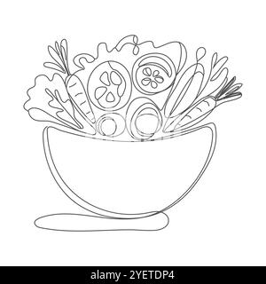 Single continuous line drawing of stylized vegetables salad on bowl logo label. Healthy food restaurant concept vector illustration of vegetable isola Stock Vector