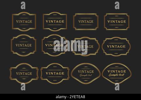 Elegant set of gold vintage retro frames on black background, text . Vector illustration ornate, pattern, monograms Stock Vector