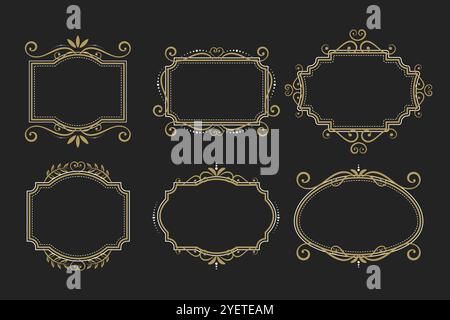 Elegant set of floral, patterned vintage retro frames on black background . Vector illustration Stock Vector