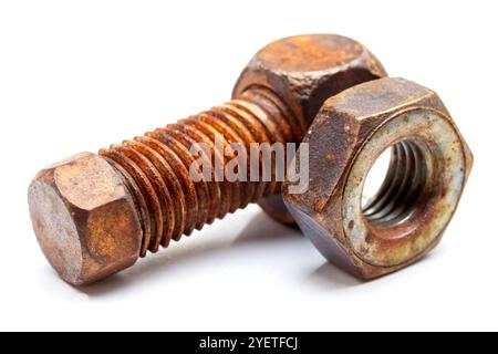 Rusty bolt and nut, isolated on white background Stock Photo