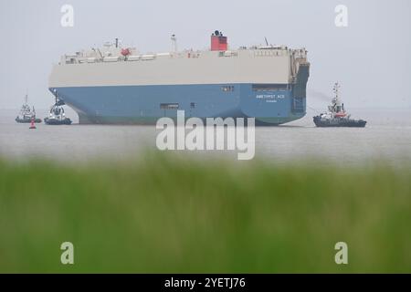 Schlepper unterwegs auf der Ems Hafen-Schlepper empfangen den Auto-Transporter Amethyst Ace auf der Außenems und begleiten das RoRo-Schiff an seinen Liegeplatz. Emden Niedersachsen Deutschland *** Tugs underway on the Ems Harbor Tugs receive the car transporter Amethyst Ace on the Outer Ems and accompany the RoRo ship to its berth in Emden Lower Saxony Germany Copyright: xdiebildwerftx Stock Photo