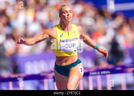 Liz Clay participating in the 100 meters hurdles at the Paris 2024 Olympic Games. Stock Photo