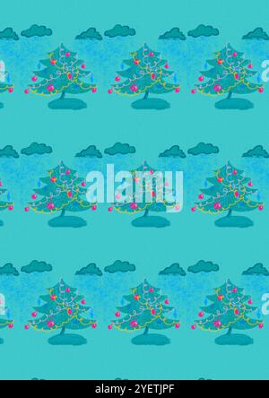 A seamless pattern with a Christmas tree decorated with toys, garlands and tinsel on a blue background. New Year 2025 celebration. Festive postcard. Stock Photo