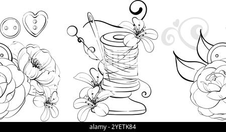 Vintage spool of thread with flower and buttons, pins. Sewing tools seamless background. Pattern for printing, fabric, decor. Graphic vector line Stock Vector