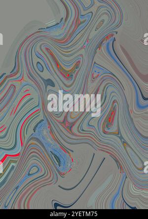 Psychedelic grey background with blurred mixed blue red colours. Abstract liquid backdrop, wallpaper, texture, wave, pattern, oil, marble, shape. Stock Photo