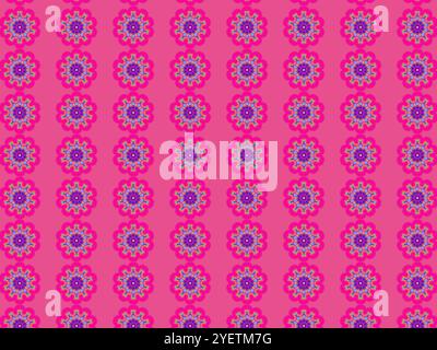 Seamless pattern with round purple mandalas on bright pink background. Abstract ethnic pattern. Coloruful print with repeating elements. Indian art. Stock Photo
