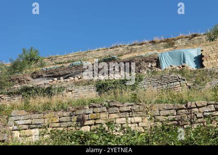 Repair work on a stone wall in a vineyard near Asperg Stock Photo