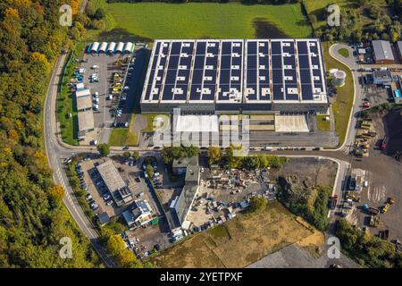 Luftbild, Logistik-Hallen Neubau mit Solardach im Gewerbegebiet Alte Herrenthey, Brambauer, Lünen, Ruhrgebiet, Nordrhein-Westfalen, Deutschland ACHTUNGxMINDESTHONORARx60xEURO *** Aerial view, new logistics hall with solar roof in the Alte Herrenthey industrial estate, Brambauer, Lünen, Ruhr area, North Rhine-Westphalia, Germany ATTENTIONxMINDESTHONORARx60xEURO Stock Photo