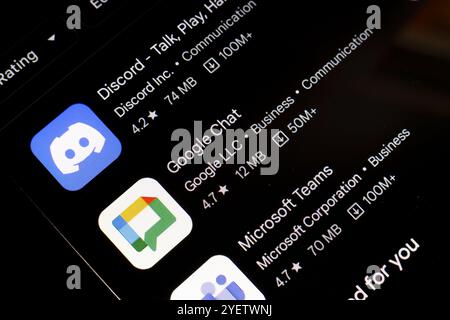 November 1, 2024, Brazil. In this photo illustration, the Discord, Google Chat and Microsoft Teams app logo is displayed on a smartphone screen. Stock Photo