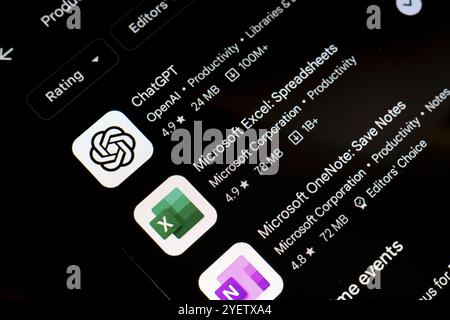 November 1, 2024, Brazil. In this photo illustration, the ChatGPT, Microsoft Excel and Microsoft OneNote app logo is displayed on a smartphone screen. Stock Photo