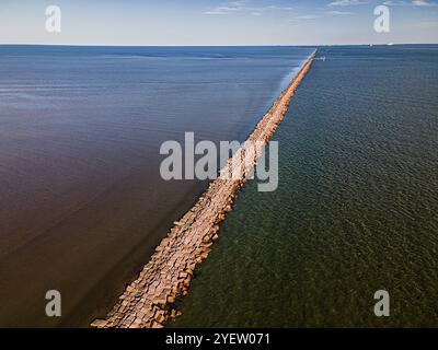 Aerial view of Galveston's North Jetty looking out to the Gulf of Mexico Stock Photo