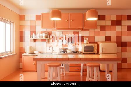 Dining table in the kitchen room with cartoon style, 3d rendering. 3D illustration. Stock Photo