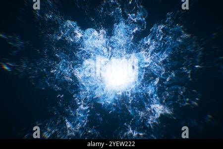 Blue flowing particles with explosive wave effect, 3d rendering. 3D illustration. Stock Photo