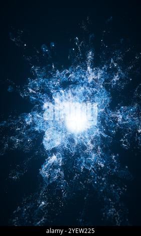 Blue flowing particles with explosive wave effect, 3d rendering. 3D illustration. Stock Photo