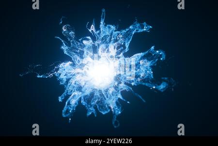 Blue flowing particles with explosive wave effect, 3d rendering. 3D illustration. Stock Photo