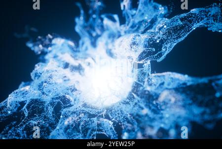 Blue flowing particles with explosive wave effect, 3d rendering. 3D illustration. Stock Photo
