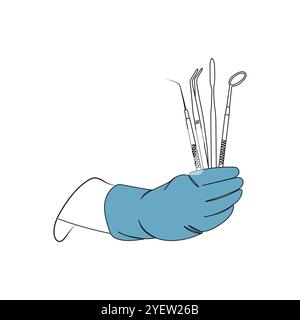 Hand of a dentist in blue gloves that hold dental tools. Line art. Dental health care. Stomatology concept. Vector illustration. Stock Vector
