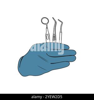Dentist hand hold dental tools. Line art. Dental health care. Stomatology concept. Vector illustration. Stock Vector
