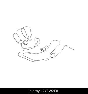 Hand holding two medical pills. One line art. Pharmacy, health care concept. Vector illustration. Stock Vector